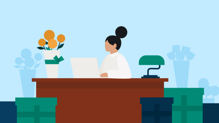An illustration of a paralegal working at their desk with flowers on their desk paralegal CLE courses